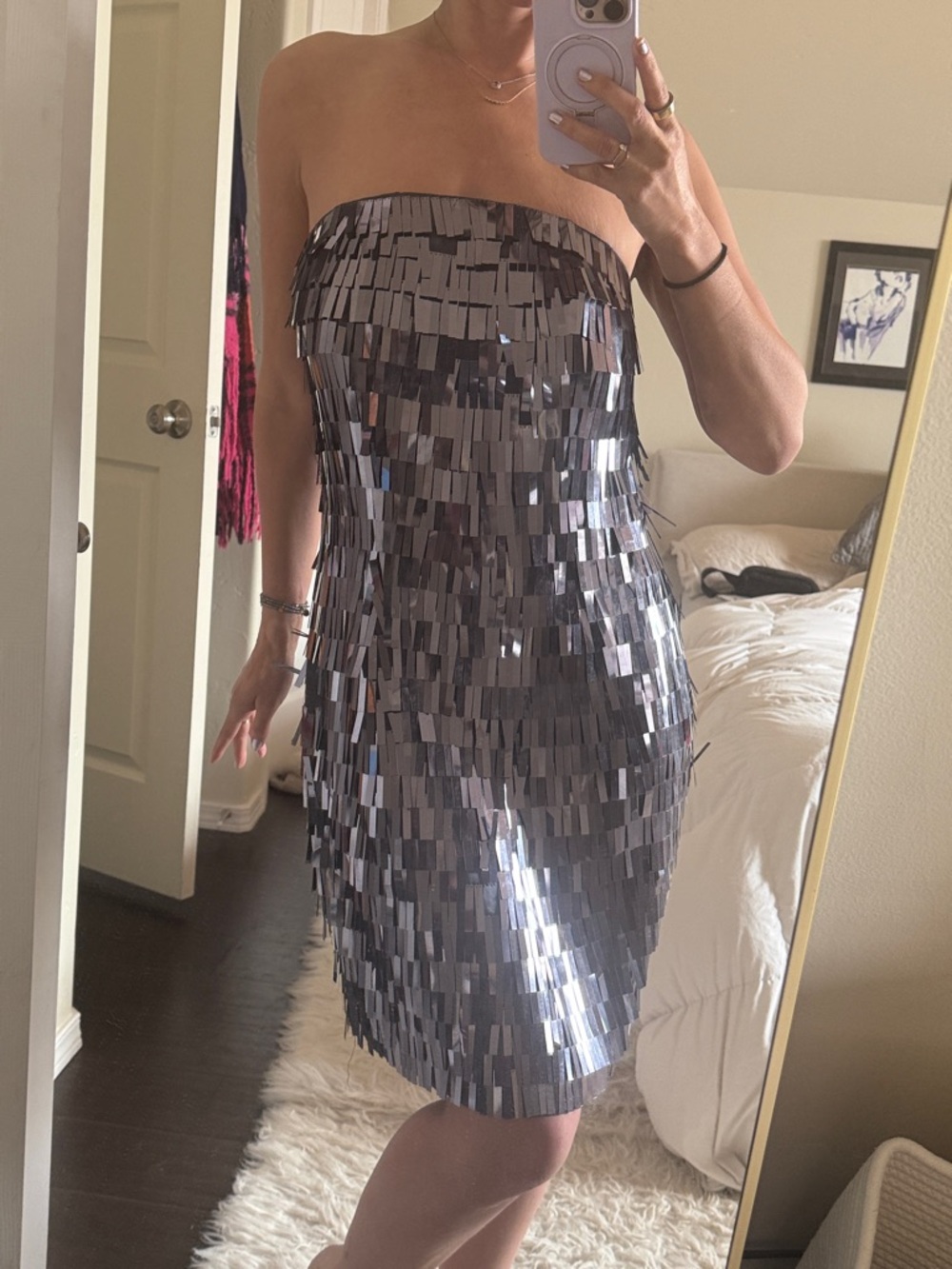 Express Strapless Silver Sequin Fringe Dress